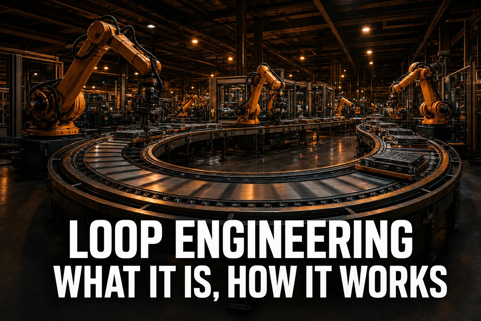 Loop Engineering: What it is, How it Works. Robotic arms surrounding a circular automated conveyor track in a dark amber-lit factory.